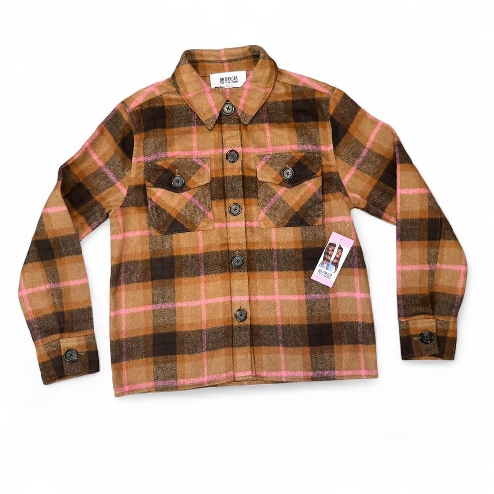 NWT BB Dakota Steve Madden Women’s Plaid Fleece Shacket Jacket Small Brown Pink